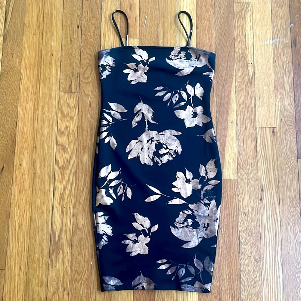 Copper and black floral body con spaghetti strap mini dress